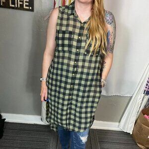 Cleo green black Buffalo checked hi low sheer button up dress. 1X